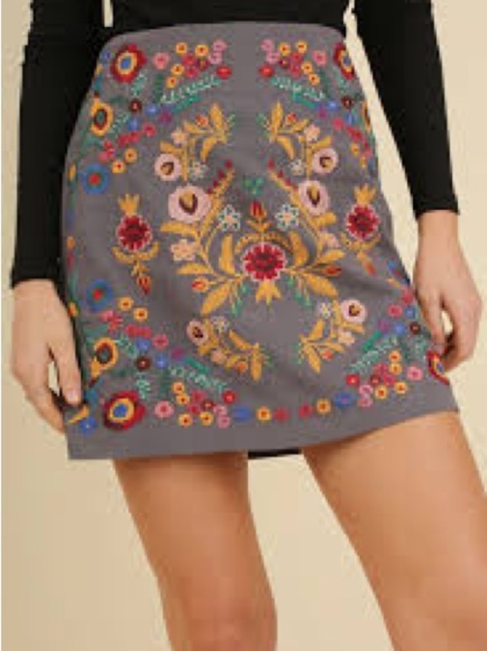 Umgee Slate Gray Mini Skirt with Multicolor Floral Embroidery